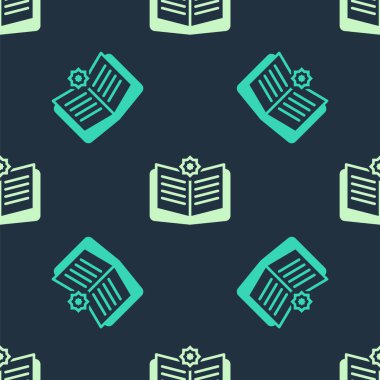 Yeşil ve bej kutsal Kur 'an ikonu mavi arkaplandaki kusursuz deseni izole etti. Müslüman bayramı, Kurban Bayramı, Kurban Bayramı, Ramazan Kareem. Vektör