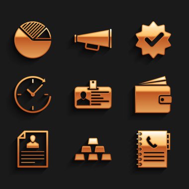 Kimlik kartı, altın külçeler, telefon rehberi, cüzdan, özgeçmiş ve ok ikonlu saat ayarlayın. Vektör