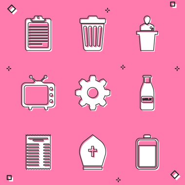 Panoyu belge, çöp kutusu, hoparlör, televizyon, çark dişli ayarları ve cam şişe sütü ve kapak simgesi ile ayarla. Vektör