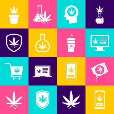 Set Online marihuana, marihuana veya kenevir tohumu alıyor, kafa profili, test tüpü, kalkan ve, saksı ve kupa kahve ikonu alıyor. Vektör