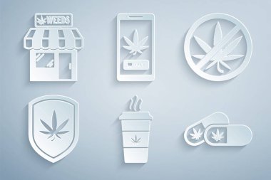 Kahve, marihuana, Stop, Shield ve tıbbi haplar, online satın alma ve marihuana dükkanı ikonu. Vektör