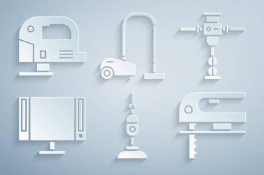 Elektrikli süpürge, inşaat matkabı, akıllı televizyon, elektrikli yapboz ve ikon ayarla. Vektör