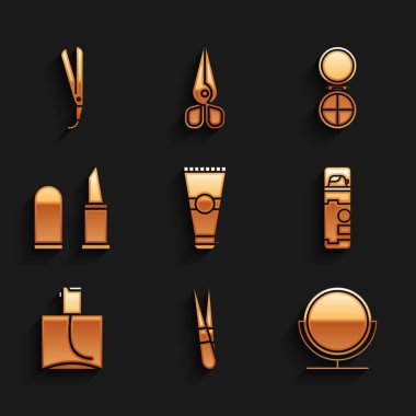 Losyon kozmetik tüpü, kaş cımbızı, yuvarlak makyaj aynası tıraş jeli köpüğü, parfüm, ruj, makyaj pudrası ve saç maşası. Vektör