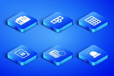 Hareket sensörü, kimlik kartı, kalkanlı sunucu, Tablet kapalı asma kilit, Parola koruması ve simgeyi ayarla. Vektör