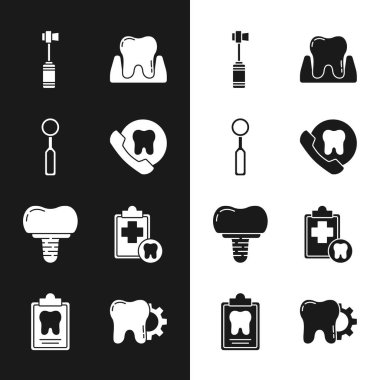 Çevrimiçi diş bakımı, diş fırçası, diş fırçası, implant, kart, tedavi prosedürü ve ikonu ayarla. Vektör