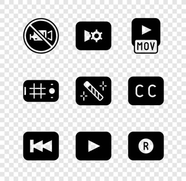 Yasağı Ayarla Video kaydı yok, Müzik ayarları, MOV dosyası, Geri sar düğmesi, Play, Record, Selfie mobil ve Fotoğraf rötuşlama simgesi. Vektör