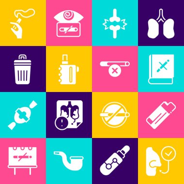 Sağlıklı nefes al, çakmak, sigarayı durduran kitap, eklem ağrısı, diz ağrısı, elektronik, çöp kutusu, el sigarası ve ikon yok. Vektör