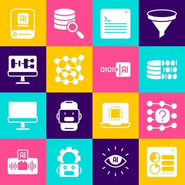 Bilgisayar api arayüzünü, Sinirsel ağı, ikili kodu, Web geliştirici programlamasını, Algoritmayı, Yapay Zeka Yapay Zeka Yapay Zekası ve simgesini ayarla. Vektör