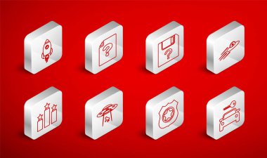 Araç kiralama, bilinmeyen belge, UFO uçan uzay gemisi ve uzaylı, polis rozeti, ateşli roket, inek ve yıldız ikonu kaçırıyor. Vektör