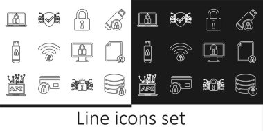 Hat sunucu güvenliğini kilit, belge ve Lock, Wifi kilitlendi, USB flash disk, laptop, monitör ve siber simgeye ayarlayın. Vektör