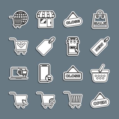 Satır asma işaretini Açık Kapı, Alışveriş Sepeti, Fiyat etiketi Yeni, Kapat, Etiket şablon fiyatı, Sepete, dünyaya, mobil ve alışveriş simgesine ekle. Vektör