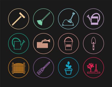 Yere ağaç dikme, bahçe küreği ya da kürek, kürek, yangın hortumu, su kovası, tırmık, kova ve yaprak ikonu. Vektör