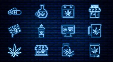 Marihuana veya kenevir tohumları, marihuanalı çay, takvim ve kahve, tıbbi haplar, internetten satın alma ve test tüpü ikonu. Vektör