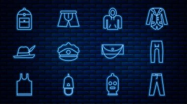 Çizgi pantolon, kapüşonlu kapüşonlu polis şapkası, oktoberfest şapkası, sırt çantası, debriyaj çantası ve erkek iç çamaşırı ikonu. Vektör