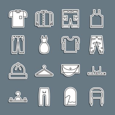 Kış şapkası, kulaklık, sutyen, kamuflaj kargo pantolonu, kısa ya da kadın elbisesi, pantolon, polo gömlek ve uzun kollu ikon. Vektör