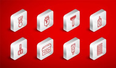 Tıraş makinesi, traş makinesi, tıraş bıçağı, şampuan şişesi, krem losyon kozmetik tüp, kavanoz ve makas kuaförü ikonu. Vektör