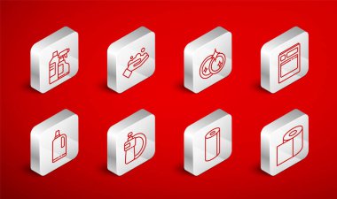 Tuvalet kağıdı rulosu, sabun, bulaşık makinesi, bulaşık makinesi, kağıt havlu, temizlik malzemesi şişeleri, bulaşık deterjanı ve kumaş yumuşatıcı ikonu. Vektör