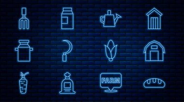 Ekmek somunu, çiftlik evi, sulama kutusu, orak, konserve kutusu süt, bahçe tırmığı, mısır ve kağıt paket ikonu. Vektör