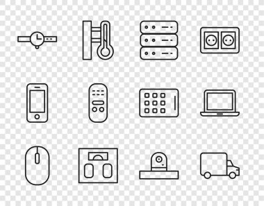 Hat faresi, kargo kamyonu, sunucu, veri, web sunucusu, banyo terazisi, bilek saati, uzaktan kumanda, güvenlik kamerası ve dizüstü bilgisayar simgesi. Vektör