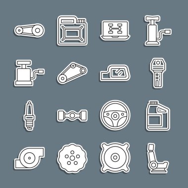 Hat koltuğu, motor yağı için teneke kutu, uzaktan kumandalı anahtar, arabanın tanısal durumu, zaman ayarlama çantası, hava pompası ve ayna ikonu. Vektör