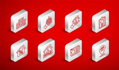 House, Skyscraper, Emlakçı, Ev sözleşmesi, Çevrimiçi gayrimenkul, Hanging tabelası satıldı ve indirimli satış simgesi var. Vektör