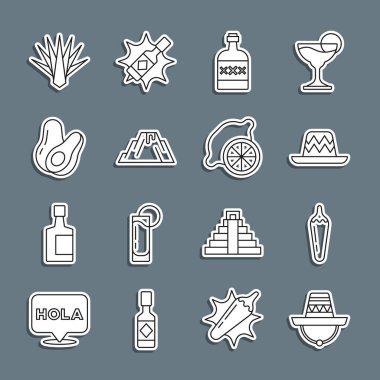 Meksika sombrerosu, acı biber kabuğu, tekila şişesi, volkan püskürmesi lav, avokado meyvesi, Agave ve limon ikonu. Vektör