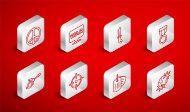 Patlayıcı gezegen toprağı, savaş kelimesi, askeri bıçak, ödül madalyası, künye, barış, hedef sporu ve Howitzer ikonu. Vektör