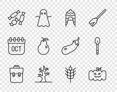 Sıralı okul çantası, balkabağı, kış şapkası, çıplak ağaç, şeker, armut, buğday ve kürek ikonu. Vektör