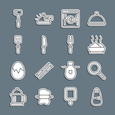 Tuz, kızartma tavası, bir kase sıcak çorba, canlı yayında pişirme, Bıçak, barbekü spatulası, mutfak çekiç ve çatal ikonu. Vektör