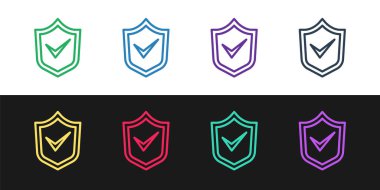 Siyah ve beyaz arkaplanda işaretleme simgesine sahip çizgi kalkanını ayarlayın. Güvenlik, güvenlik, koruma, gizlilik kavramı. Kene izi onaylandı. Vektör.