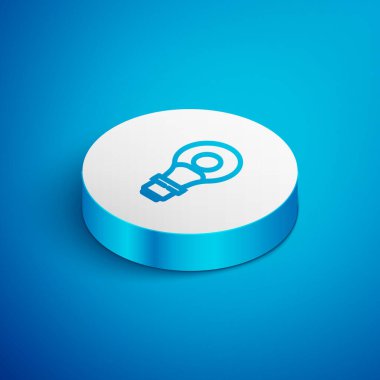 Mavi arka planda lamba ikonu olan Isometric çizgisi insan kafası. Beyaz daire düğmesi. Vektör.