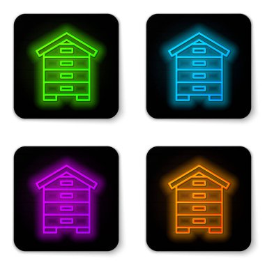 Beyaz arka planda izole edilmiş arılar için parlayan neon hattı Kovan. Arı kovanı sembolü. Apiary ve arı yetiştiriciliği. Tatlı doğal yemek. Siyah kare düğme. Vektör