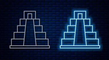 Maya ikonunda parlayan neon hattı Chichen Itza tuğla duvar arkasında izole edildi. Antik Maya piramidi. Meksika 'nın ünlü anıtı. Vektör