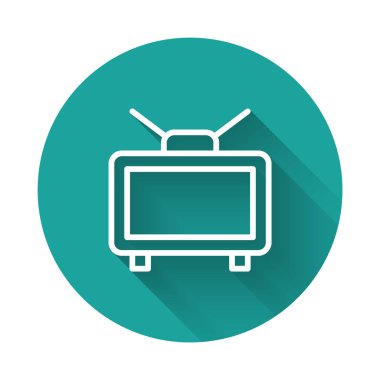 White line Football soccer match on TV icon isolated with long shadow background. Football online concept. Green circle button. Vector