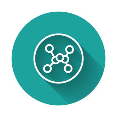 Beyaz çizgi kimyasal formül ikonu uzun gölge arkaplanı ile izole edildi. Yenilikçi tıp, sağlık, araştırma ve bilim için soyut altıgen. Yeşil daire düğmesi. Vektör