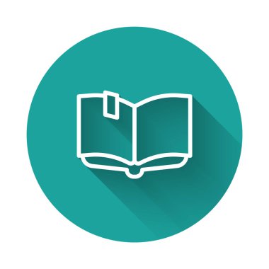 Beyaz çizgi Açık kitap simgesi uzun gölge arkaplanı ile izole edildi. Yeşil daire düğmesi. Vektör