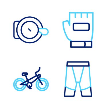 Bisiklet şortu, bisiklet, eldiven ve çan simgesini ayarla. Vektör