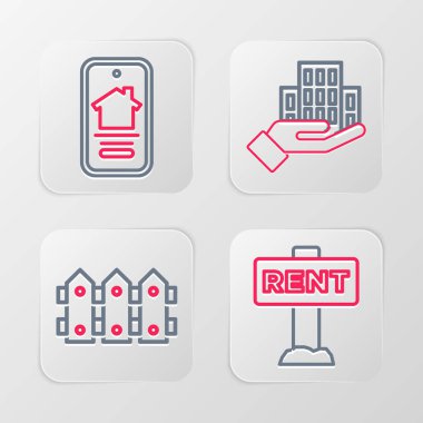 Kiralama, bahçe çitleri ahşap, gökdelen ve çevrimiçi emlak evi ikonu ile hat asma tabelası koyun. Vektör