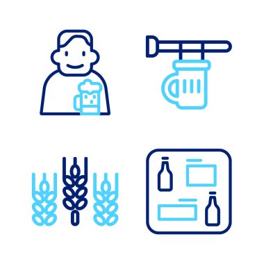 Çizgili bira menüsü, buğday, bir bardak bira ve Mutlu Adam ikonu. Vektör