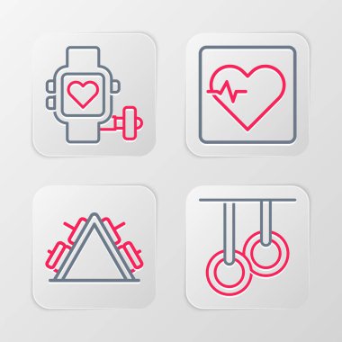 Sıralı jimnastik yüzükleri, ağırlıklı metal raflar, kalp atış hızı ve Smart watch kalp ikonu. Vektör