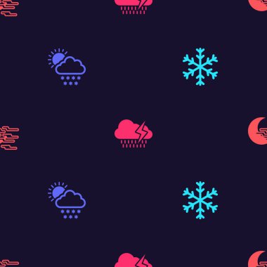 Kar Tanesi 'ni, karlı ve güneşli Bulut' u, yıldırımları ve sisli ayı kusursuz bir şekilde ayarla. Vektör.