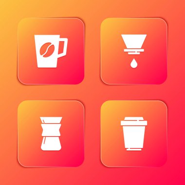 Kahve fincanı, V60 kahve makinesi, kahve makinesinin üzerine dök ve ikon yap. Vektör.