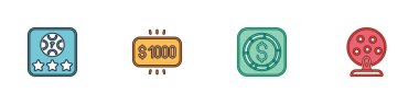 Online poker masası oyunu, para ödülü kumarhanesi dolar ve piyango makinesi ikonu ile madeni para. Vektör
