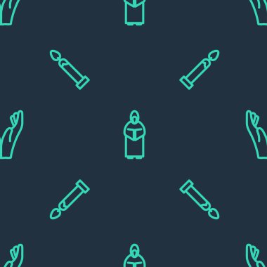 Çizgiyi ayarla Monk, yanan mum ve eller dua pozisyonu kusursuz desen üzerinde. Vektör.