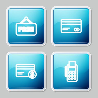 Satır Price etiketini metin ücretsiz, kredi kartı, dolar ve POS terminal kredi simgesi ile ayarla. Vektör.