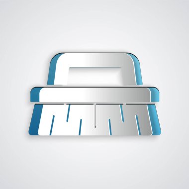 Temizlik simgesi için kağıt kesiği, gri arkaplanda izole edilmiş. Temizlik hizmeti konsepti. Kağıt sanatı tarzı. Vektör İllüstrasyonu.