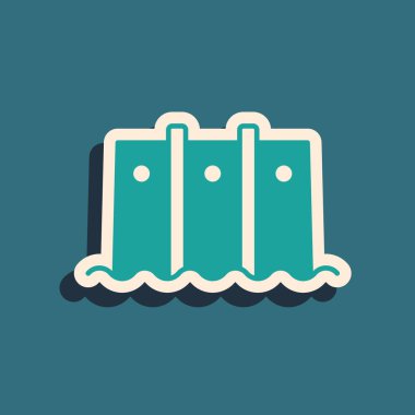 Yeşil Hidroelektrik baraj simgesi yeşil arkaplanda izole edildi. Su enerji santrali. Hidroelektrik. Hidroelektrik. Uzun gölge tarzı. Vektör