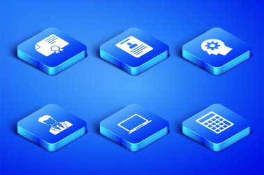 Hesap makinesini, sertifika şablonunu, dizüstünü, takım elbiseli adam kullanıcısını, kimlik kartını ve simgenin içindeki teçhizatı ayarlayın. Vektör