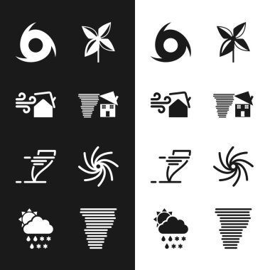 Tornado girdabı, Fırıldak ve Bulut 'u kar, yağmur, güneş ikonu ile ayarlayın. Vektör