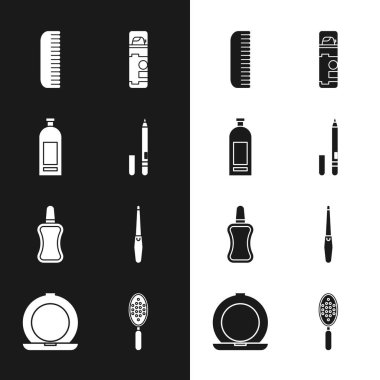 Göz kalemi, kaş, şampuan şişesi, saç fırçası tıraş jeli köpüğü, tırnak cilası şişesi, dosya ve aynalı makyaj tozu. Vektör